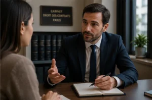 un avocat en droit des contrats consulte dans son cabinet à Paris