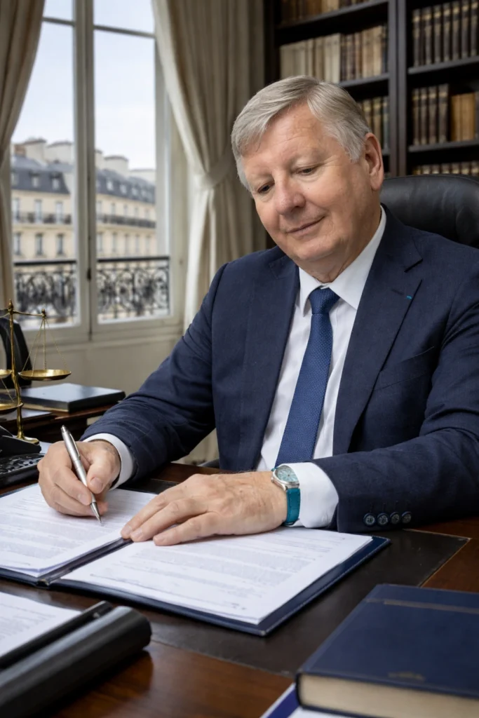 Maître Jean-Paul David qui travaille au bureau de son cabinet d'avocats à Paris